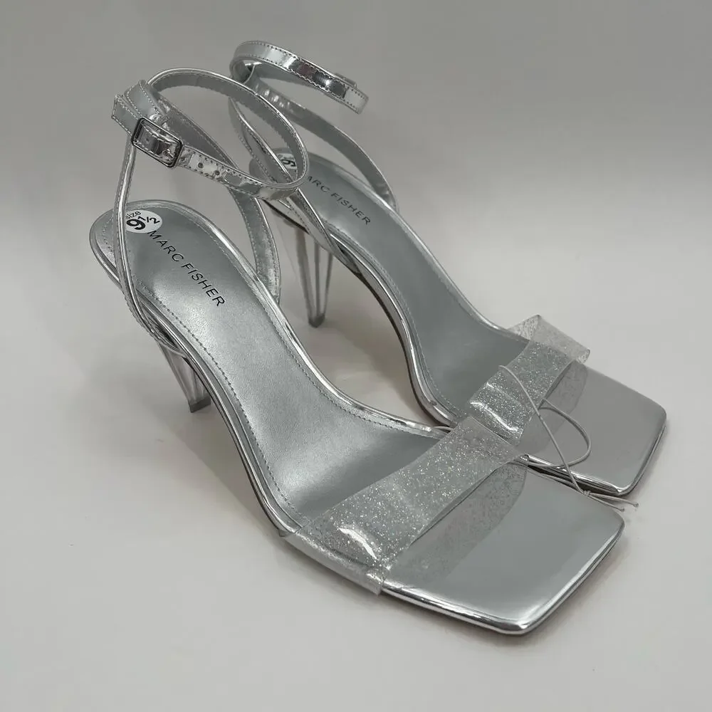 MARC FISHER Heels Breta Size 9.5 Chrome Silver Clear Sparkle Prom Homecoming